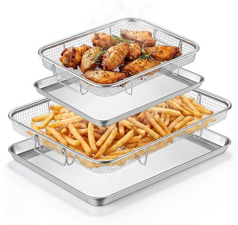 E-far 2 Set Air Fryer Basket for Oven, 16" x 12" & 12.5" x 9.6" Stainless Steel Air Fryer Pan and Crisper Tray, Air Fryer Rack with Baking Pan for Crisper Foods Frying Healthy Cooking, Dishwasher Safe in Saudi Arabia
