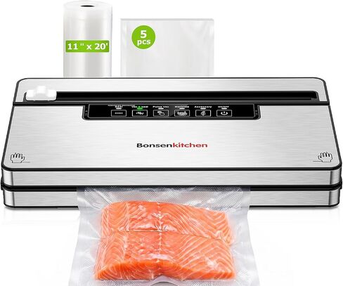 Bonsenkitchen Vacuum Sealer Machine,80 kPa Powerful Suction,Silver | Multi-Functional Food Vacuum Sealer With Removable Drip Tray,Built-in Cutter & Bag Storage,1 Roll & 5 Vacuum Bags in Saudi Arabia