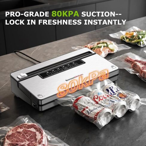Bonsenkitchen Vacuum Sealer Machine,80 kPa Powerful Suction,Silver | Multi-Functional Food Vacuum Sealer With Removable Drip Tray,Built-in Cutter & Bag Storage,1 Roll & 5 Vacuum Bags in Saudi Arabia