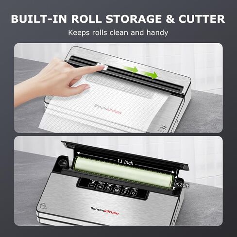 Bonsenkitchen Vacuum Sealer Machine,80 kPa Powerful Suction,Silver | Multi-Functional Food Vacuum Sealer With Removable Drip Tray,Built-in Cutter & Bag Storage,1 Roll & 5 Vacuum Bags in Saudi Arabia