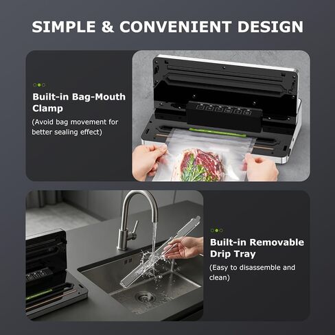 Bonsenkitchen Vacuum Sealer Machine,80 kPa Powerful Suction,Silver | Multi-Functional Food Vacuum Sealer With Removable Drip Tray,Built-in Cutter & Bag Storage,1 Roll & 5 Vacuum Bags in Saudi Arabia