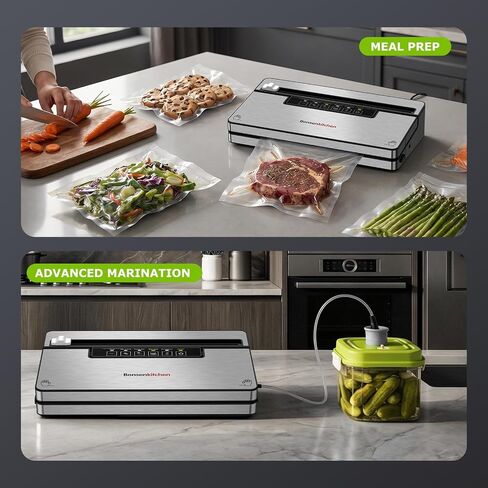 Bonsenkitchen Vacuum Sealer Machine,80 kPa Powerful Suction,Silver | Multi-Functional Food Vacuum Sealer With Removable Drip Tray,Built-in Cutter & Bag Storage,1 Roll & 5 Vacuum Bags in Saudi Arabia