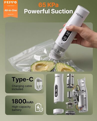 FEPPO Compact Vacuum Sealer for Food (Vacuum Sealer Machine + 10 Reusable Vacuum Bags), Anti-Overflow Powerful Portable Handheld Food Sealer, Auto & Manual Modes, Travel Lock, Easy-Clean in Saudi Arabia