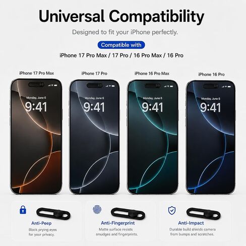 2 Pack Front Camera Privacy Cover Slider for iPhone 17/16/15/14 Pro Max/Pro, Face ID Compatible Webcam Blocker, Adhesive Anti-Spy Phone Lens Protector with Transparent Base, Black in Saudi Arabia