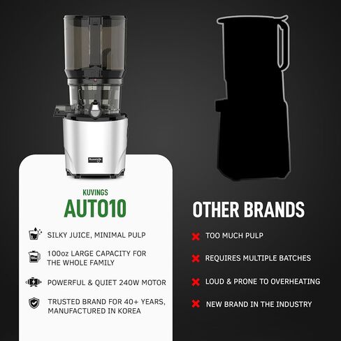 Kuvings AUTO10 Cold Press Juicer Machine, Hands-Free, 100 oz, Silver | Self-Feeding - Easy to Clean, Quiet 240W Motor, Large Masticating Juicer – Designed for Silky Juice with Low Pulp in Saudi Arabia