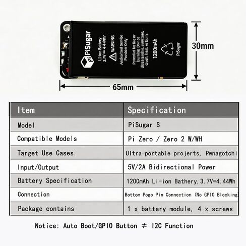 PiSugar S 1200mAh Battery Pack for Raspberry Pi Zero 2 W/WH | Pi Zero 2W Power Module, Pwnagotchi Battery Pack, Portable UPS for Pi Projects, Auto Boot Hat in Kuwait