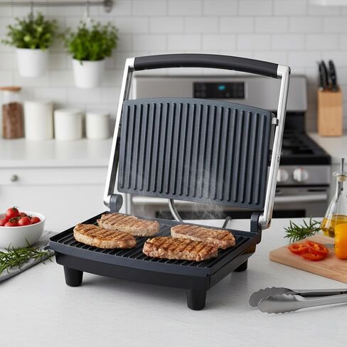 Panini Press Gourmet Grilled Cheese and Sandwich Maker - Electric Indoor Grill with Drip Tray for Healthy Cooking Options (Silver) in Saudi Arabia
