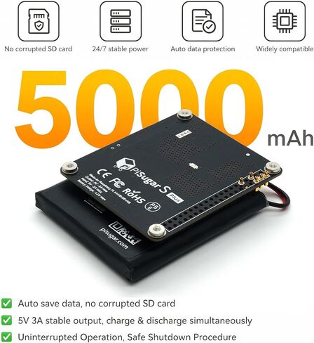 PiSugar S Plus 5000mAh UPS Battery for Raspberry Pi 4B/3B+/2B | Full Open GPIO, Zero Soldering, Auto Safe Shutdown, Raspberry Pi HAT Compatible for Pwnagotchi, Pi-hole & UPS Projects in Kuwait