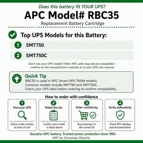 APC Genuine UPS Replacement Battery RBC35 for Models BE350G, BE350C | Genuine APC replacement battery for Back-UPS models BE350G, BE350C.Factory tested. Easy DIY install. 2-yr warranty in Kuwait