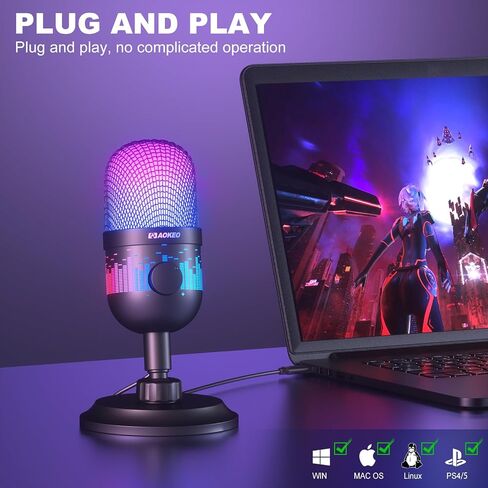 Aokeo Gaming Microphone, USB Computer Microphone for PC, Mac, PS4/5, Condenser Podcast Mic for Studio Recording, for Streaming Podcast YouTube, with Led Light in Saudi Arabia