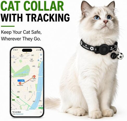 GPS Collar for Cats (Android Only) Pet Tracker, Soccer Style Smart Tag Compatible with Google Find My, Waterproof No Monthly Fee Cat Tracking Collar, Game Day Football Design for Pet Safety in Saudi Arabia