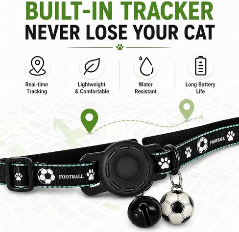 GPS Collar for Cats (Android Only) Pet Tracker, Soccer Style Smart Tag Compatible with Google Find My, Waterproof No Monthly Fee Cat Tracking Collar, Game Day Football Design for Pet Safety in Saudi Arabia