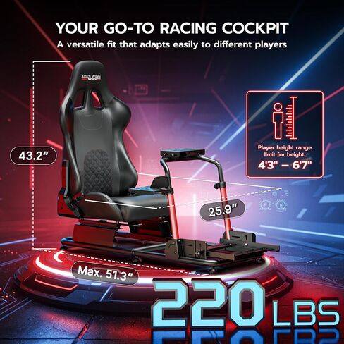 قمرة قيادة سباق ARES WING Sim مع مقعد - حامل قمرة القيادة العالمي | متوافق مع Fanatec وThrustmaster وLogitech وMoza لأجهزة PS5 وPS4 وXbox والكمبيوتر الشخصي، غير متضمن العجلة والدواسات والمحول in Kuwait