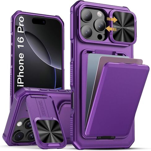 SSLOTSCASE for iPhone 16 Pro Max Case with Card Holder & Stand, Dark Purple | Sliding Camera Lens Cover & Wallet, Silicone Edge Rugged Durable Protective Phone Case Cover for iPhone 16 Pro Max 6.9" in Saudi Arabia