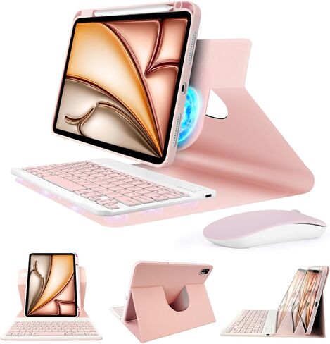 SOPPY Keyboard Case with Mouse for iPad Air 7th (M3) 2025/6th 11-inch (M2) 2024, iPad Air 5th/4th 10.9-inch, Magnetically Detachable Keyboard Cover with Pencil Holder, Rotatable Case (Pink) in Saudi Arabia