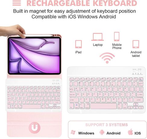 SOPPY Keyboard Case with Mouse for iPad Air 7th (M3) 2025/6th 11-inch (M2) 2024, iPad Air 5th/4th 10.9-inch, Magnetically Detachable Keyboard Cover with Pencil Holder, Rotatable Case (Pink) in Saudi Arabia