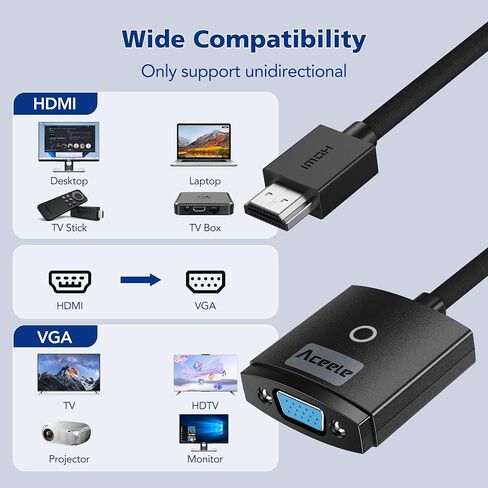 1080P@60Hz HDMI to VGA Adapter, Gold-Plated Adapter HDMI Male to VGA Female | 1080P Resolution, Nylon Braided Cable, Plug & Play, Mirror & Extension Modes, for Laptop/PC/Xbox to Monitor/Projector/HDTV/TV in Saudi Arabia