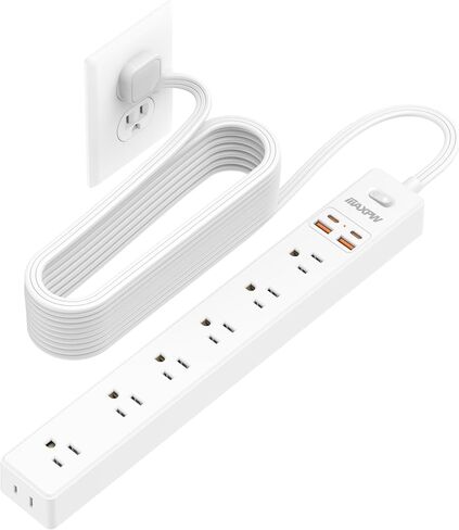 10Ft Power Strip Surge Protector,Flat Extension Cord,7 AC Outlets 4 USB(2C) | 1700J, 0.33in Ultra Thin Flat Plug, 1.9in Wide Spaced Outlet, Wall Mount, 1875W, Charging Station for Home Office Dorm, White in Saudi Arabia