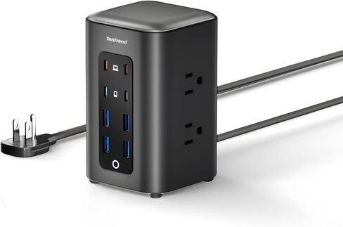 TenTrend Power Strip Tower, 230W Charging Station with Multiple Devices | 6 AC Outlets & 8 USB Ports(4 USB-C), Flat Plug, Black, 5 FT Extension Cord for Home Office, Dorm Essentials in Saudi Arabia