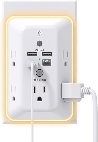 Addtam Surge Protector, 5 Outlet Extender with Night Light and 4 USB Ports | Multi Plug Wall Outlet, Electrical Outlet Splitter, 3-Sided 1050J Power Strip for Home Office College Dorm Room RV Essentials in Saudi Arabia
