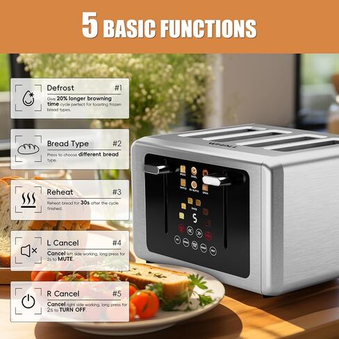 Whall 4-Slice Smart Toaster with Touchscreen & Extra-Wide Slots, Dual Independent Control, 6 Browning Levels & 6 Bread Types, Memory Function,Countdown Timer, Ideal Kitchen Gift in Kuwait