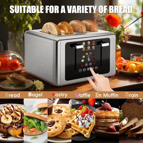 Whall 4-Slice Smart Toaster with Touchscreen & Extra-Wide Slots, Dual Independent Control, 6 Browning Levels & 6 Bread Types, Memory Function,Countdown Timer, Ideal Kitchen Gift in Kuwait