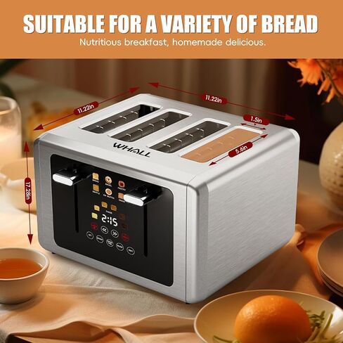 Whall 4-Slice Smart Toaster with Touchscreen & Extra-Wide Slots, Dual Independent Control, 6 Browning Levels & 6 Bread Types, Memory Function,Countdown Timer, Ideal Kitchen Gift in Kuwait
