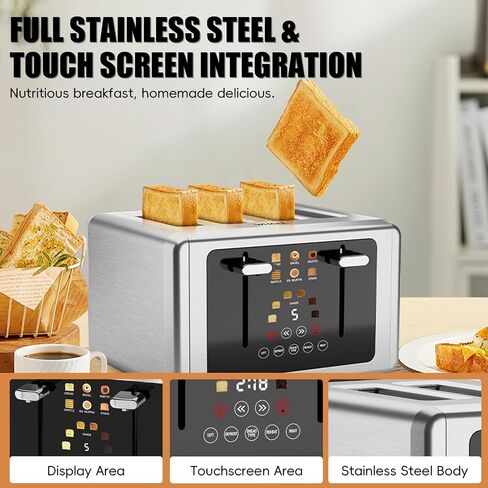 Whall 4-Slice Smart Toaster with Touchscreen & Extra-Wide Slots, Dual Independent Control, 6 Browning Levels & 6 Bread Types, Memory Function,Countdown Timer, Ideal Kitchen Gift in Kuwait