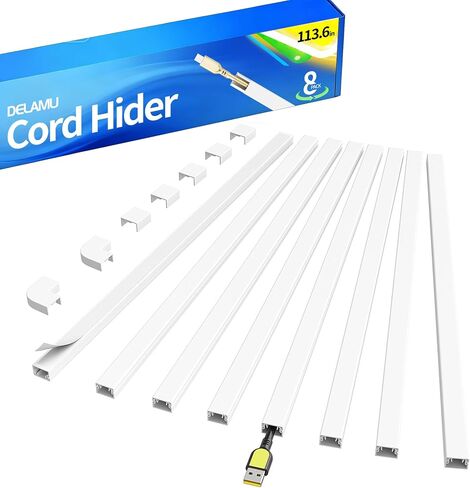 Delamu Cord Hider for Wall Mounted TV, 113.6in Paintable Cable Cover System, Self-Adhesive Cable Management Raceway Kit Hides 3-4 Wires, Baseboard Wire Hider Easy Installation, W 1.18 H 0.60in, White in Saudi Arabia