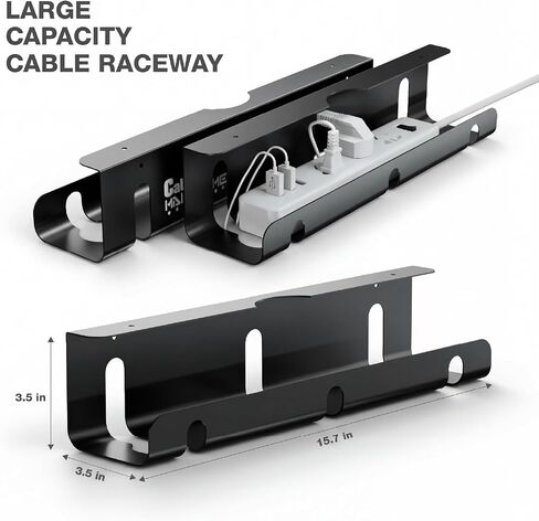 Qiyuan Under Desk Cable Management Tray, 2-Pack No-Drill 16" Cord Organizer | for Standing Desk or Table, Power Strip Holder, Cable Hider, Holds 15lbs, Clamp & Adhesive Mount, Indoor Outdoor, Aluminum in Saudi Arabia