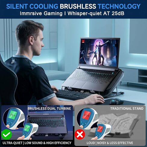 Dual-Core Gaming Laptop Cooling Pad, 9500 RPM Turbofans Smart LED Display Fast Cooling Laptop Cooler for 12-21in Laptops 5 Height Stands 100 Gear Speed RGB Light Phone Holder (Black) in Saudi Arabia