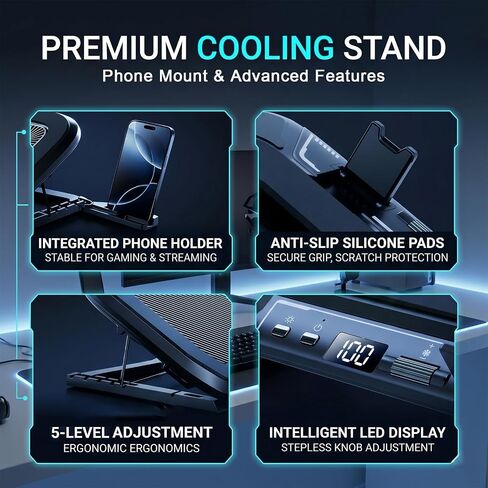Dual-Core Gaming Laptop Cooling Pad, 9500 RPM Turbofans Smart LED Display Fast Cooling Laptop Cooler for 12-21in Laptops 5 Height Stands 100 Gear Speed RGB Light Phone Holder (Black) in Saudi Arabia