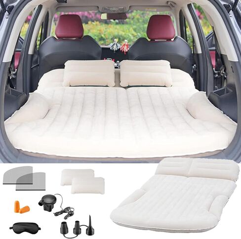 SUV Air Mattress Thick Double-Sided Flocked Car Mattress with Pump Black | Includes 2 Pillows & 2 Window Screens, Inflatable Travel Mattress for SUV Trunk & Rear Seat in Saudi Arabia