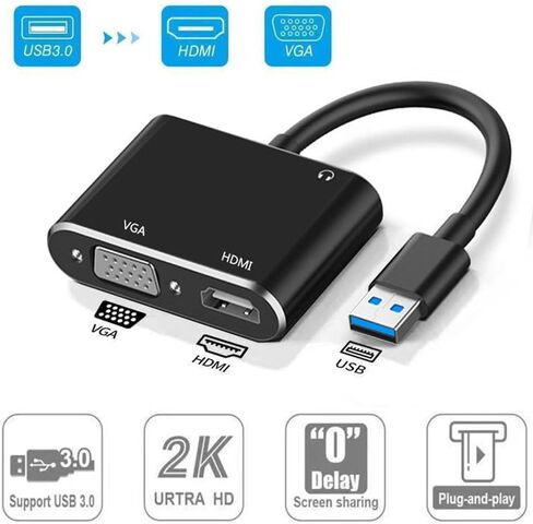 USB A 3.0 to HDMI Adapter for Windows 4K@30hz, HDMI & VGA Splitter Hub for 2 Monitors 1080P Large Screen Display for Multi-Display Video Windows Computer, Desktop, Laptop, PC, Monitor, Projector, HDTV in Saudi Arabia