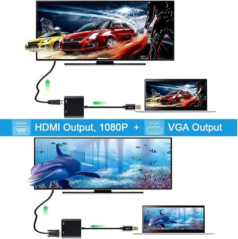 USB A 3.0 to HDMI Adapter for Windows 4K@30hz, HDMI & VGA Splitter Hub for 2 Monitors 1080P Large Screen Display for Multi-Display Video Windows Computer, Desktop, Laptop, PC, Monitor, Projector, HDTV in Saudi Arabia