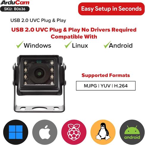 وحدة كاميرا USB للرؤية الليلية والنهارية 1080 بكسل من Arducam، كاميرا ويب STARVIS 2 UVC، كاميرا تعمل بالأشعة تحت الحمراء بدقة 2 ميجابكسل مع تبديل تلقائي للأشعة تحت الحمراء طوال اليوم مع 8 مصابيح LED بالأشعة تحت الحمراء، غطاء مقاوم للماء IP65 in Kuwait