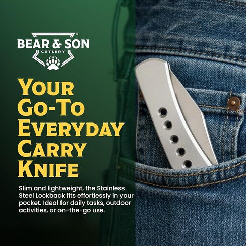 Bear & Son Bear Edge Stainless Steel Lockback Pocket Knife – Slim 2-3/4", Razor Sharp 440 Stainless Steel Clip Point Blade – Lightweight Durable EDC Design with Designer Holes Handle in Saudi Arabia
