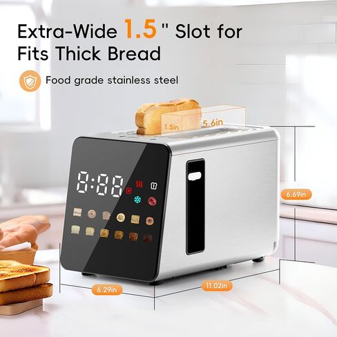 WUNLY Smart Touchscreen 2 Slice Toaster, Wide Slot, Memory & Single-Slot | Digital Timer, Extra Wide Slot for Bagels, 6 Shade Levels & 6 Bread Settings, Reheat, Defrost, Favorite, Grey in Saudi Arabia