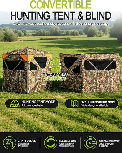 2-in-1 Pop Up Hunting Blind, 360° See-Through Ground Blind for 2-3 | 2-in-1 Modular Setup, Pop Up Design, Silent Sliding Windows, Brush Loops, Metal Hub, Carry Bag Included in Saudi Arabia