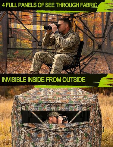 2-in-1 Pop Up Hunting Blind, 360° See-Through Ground Blind for 2-3 | 2-in-1 Modular Setup, Pop Up Design, Silent Sliding Windows, Brush Loops, Metal Hub, Carry Bag Included in Saudi Arabia