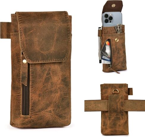Leather Village Genuine Leather 7"x3.5" Phone Holster Pouch with Belt Clip, Magnetic Closure, ID Card Holder - Brown Universal Case for iPhone, Samsung Galaxy, Google Pixel in Kuwait