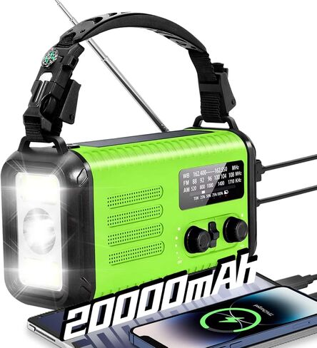 Emergency Crank Radio, 20000mAh Solar Hand Crank Weather Radio NOAA/AM/FM | 74000mWh Battery Powered Radio with Cell Phone Charger, Reading Lamp, Flashlight & SOS for Emergencies/Home (Green) in Kuwait