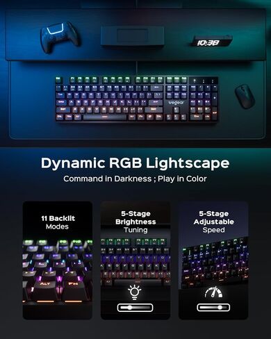 wegear Wired Mechanical Gaming Keyboard with Clicky Switch,104-Key, Black | Full Size, 11 Modes RGB Backlit, Anti-Ghosting, Double-Shot ABS Keycaps, Lighted Computer Key-Board for PC Windows in Kuwait
