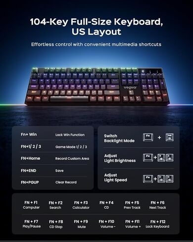 wegear Wired Mechanical Gaming Keyboard with Clicky Switch,104-Key, Black | Full Size, 11 Modes RGB Backlit, Anti-Ghosting, Double-Shot ABS Keycaps, Lighted Computer Key-Board for PC Windows in Kuwait