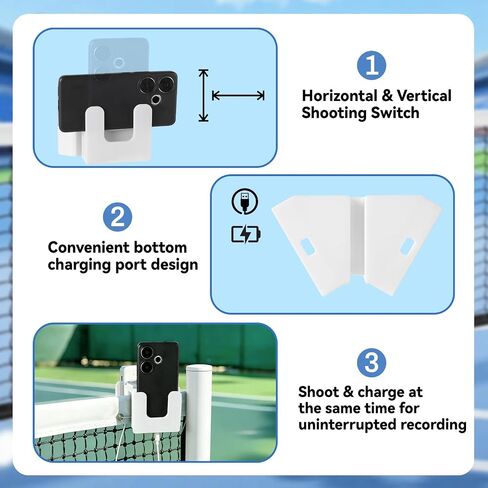 Tennis Net Phone Holder, 3D Printed Dual-View Camera Mount (White) | 30° Golden Angle | Dual Holders Simul Rec | Charging Port Cutout | Landscape & Portrait Switch | Dual Triangle Storage Slots in Saudi Arabia