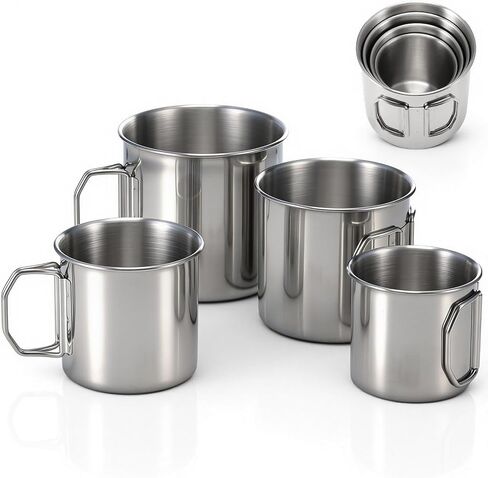 Hushee 4 Pcs Stackable Camping Mug with Folding Handle Stainless Steel Portable Camping Campfire Cups for Backpacking Outdoor Traveling Hiking Picnic, 8.45oz, 11.84oz, 18.6oz, 23.67oz in Saudi Arabia