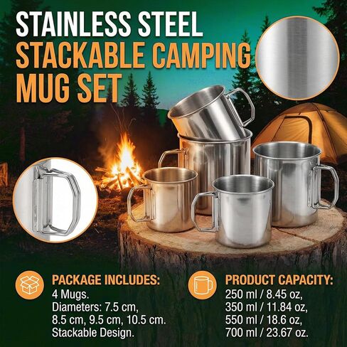 Hushee 4 Pcs Stackable Camping Mug with Folding Handle Stainless Steel Portable Camping Campfire Cups for Backpacking Outdoor Traveling Hiking Picnic, 8.45oz, 11.84oz, 18.6oz, 23.67oz in Saudi Arabia
