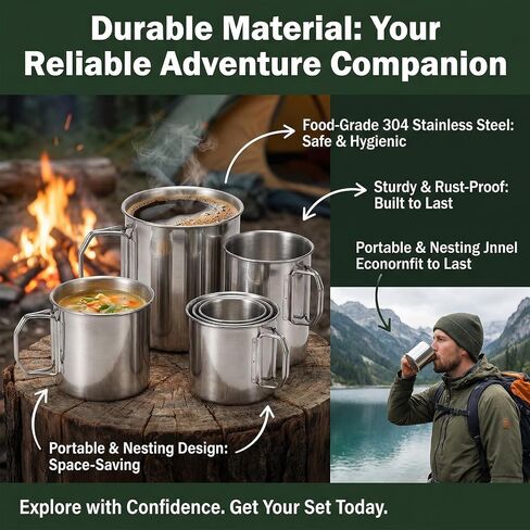 Hushee 4 Pcs Stackable Camping Mug with Folding Handle Stainless Steel Portable Camping Campfire Cups for Backpacking Outdoor Traveling Hiking Picnic, 8.45oz, 11.84oz, 18.6oz, 23.67oz in Saudi Arabia