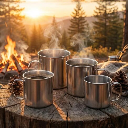 Hushee 4 Pcs Stackable Camping Mug with Folding Handle Stainless Steel Portable Camping Campfire Cups for Backpacking Outdoor Traveling Hiking Picnic, 8.45oz, 11.84oz, 18.6oz, 23.67oz in Saudi Arabia