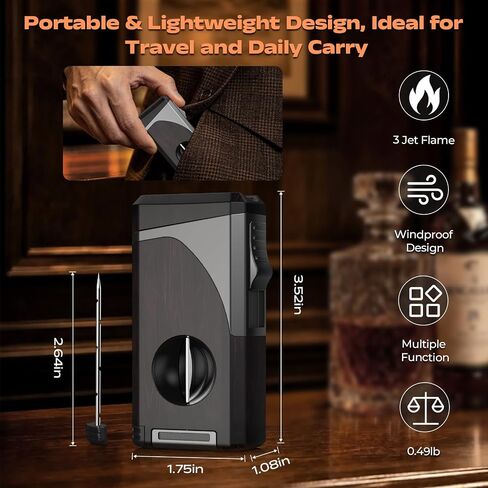 6-in-1 Butane Torch Lighter with 3 Jet Flame, Built-in V & Straight Cutter, Punch, Holder, Draw Enhancer, Windproof & Refillable Lighters, Cool lighters with Gift Box, Gifts for Men, Candle, Travel in Saudi Arabia